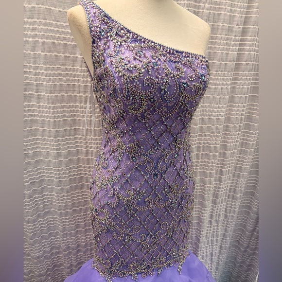 Rachel Allan Lavender One-Shoulder Ruffled Mermaid Gown - Picture 4 of 8